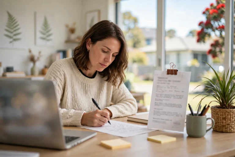 Person writing a cover letter at a desk with a laptop and a printed job advertisement beside them