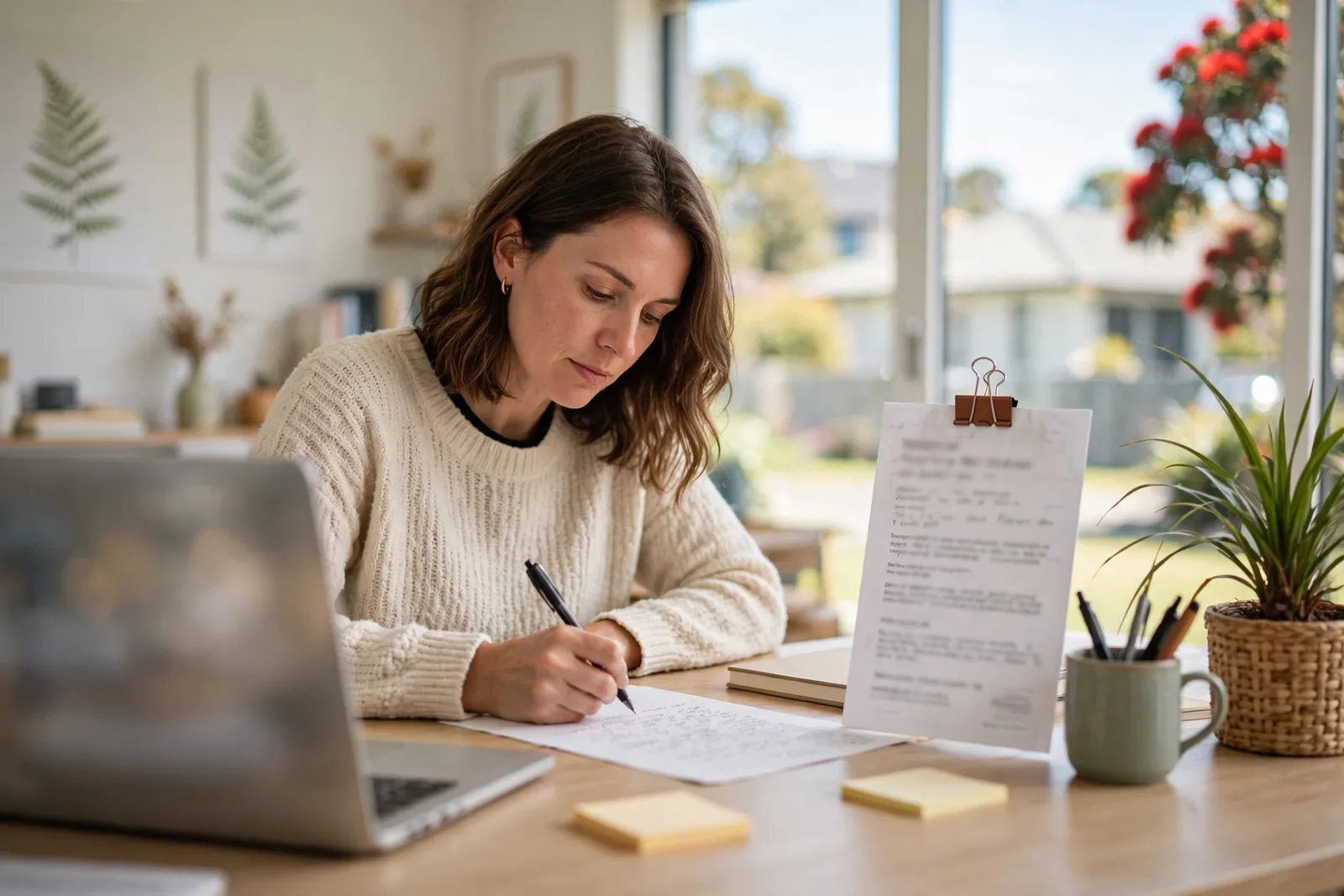 Person writing a cover letter at a desk with a laptop and a printed job advertisement beside them