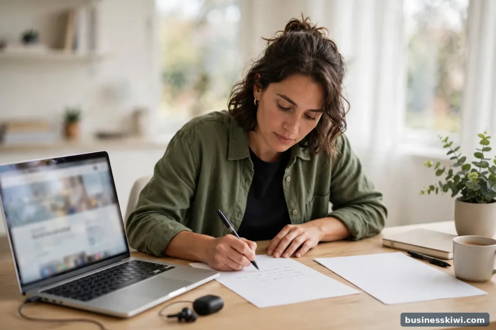 A woman drafting a cover letter at her desk