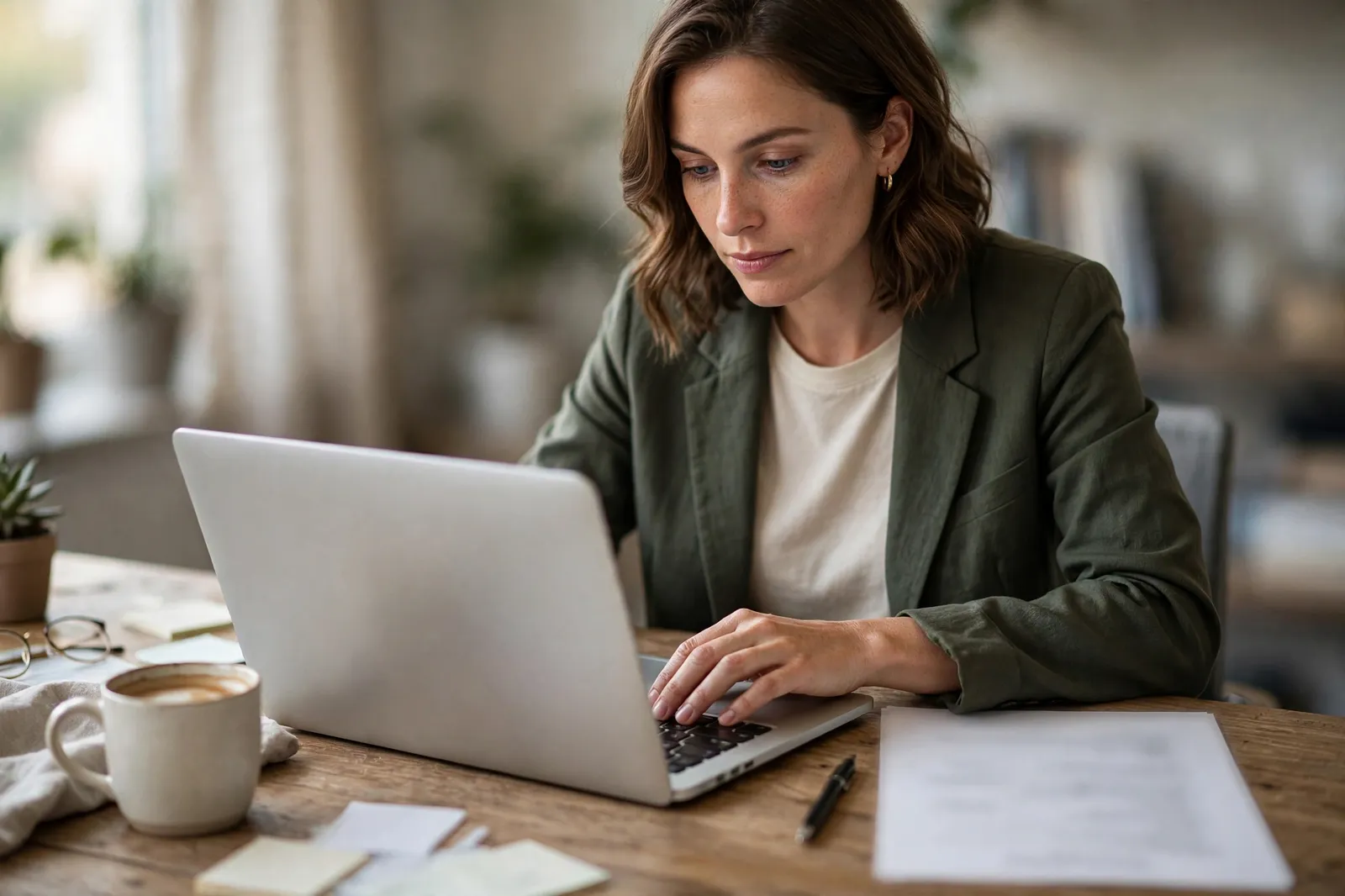 A woman writing her CV on a laptop