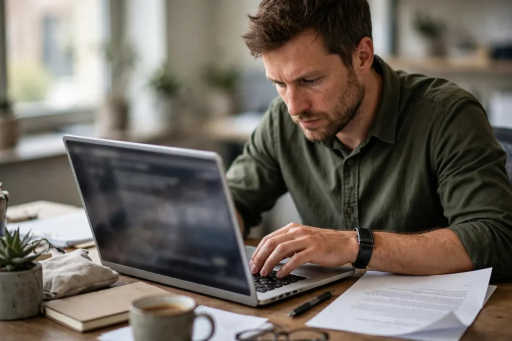 An employee writing his resignation letter on a laptop