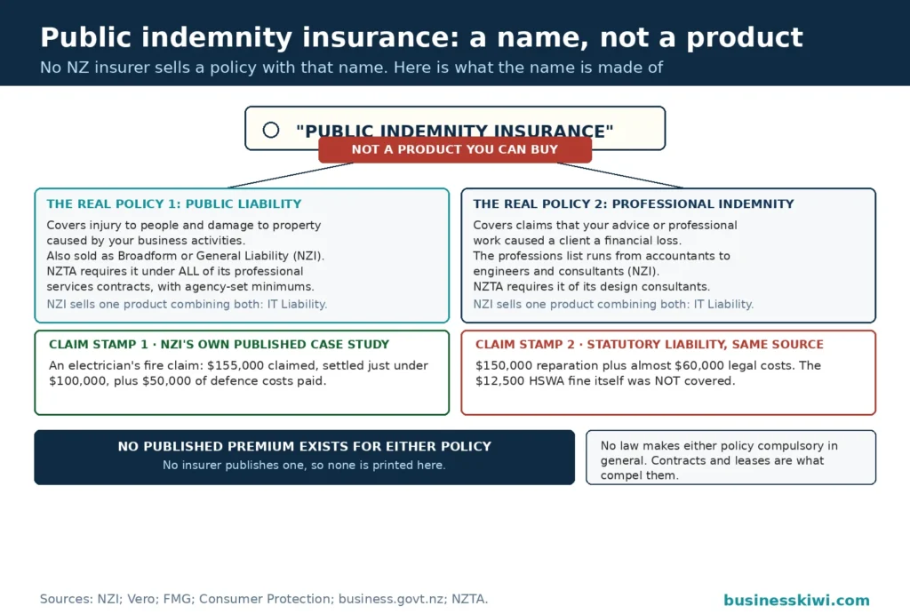Two policies, one wrong name: the term public indemnity insurance stamped as not a product you can buy, splitting into the two real policies, public liability and professional indemnity, with NZI's two published claim case studies as stamps and a badge stating no published premium exists for either policy